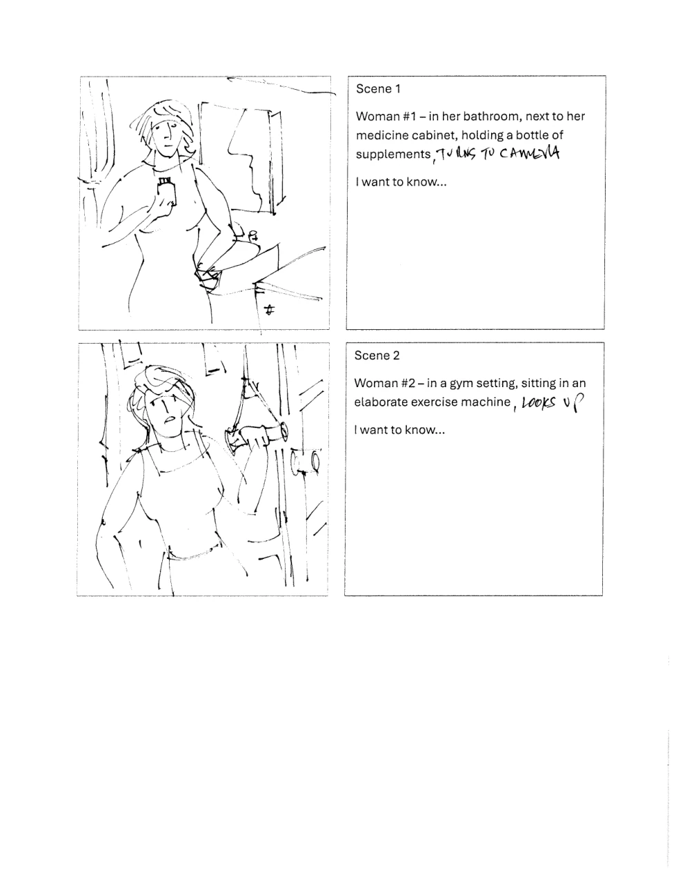 Two panels from the supplied Healthy Aging storyboard: the opening bathroom and gym situations
